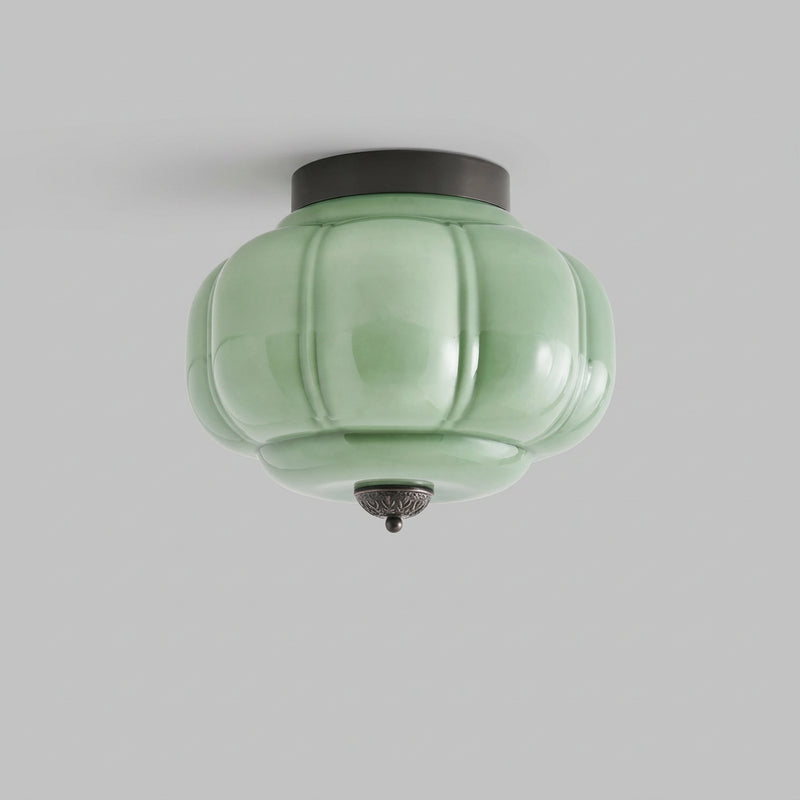 Hortensia, plafonnier en verre godronné vert, platine noire