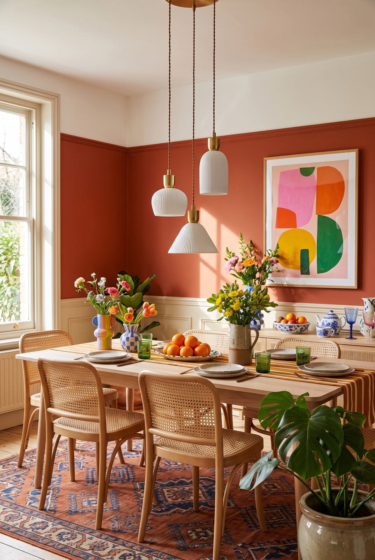 Suspensions au-dessus d'une table de salle à manger aux murs terracotta