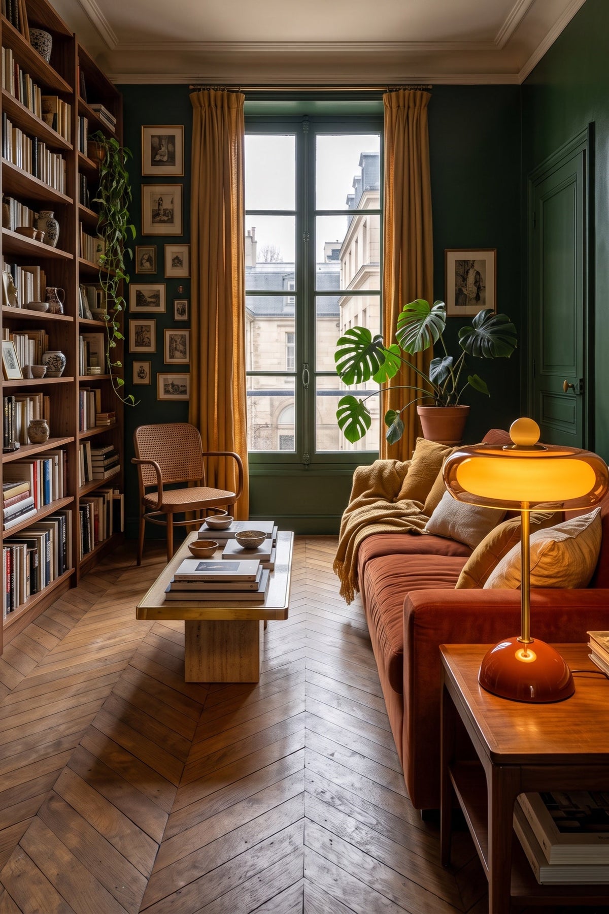 Salon parisien avec bibliothèque et lampe à poser ambrée