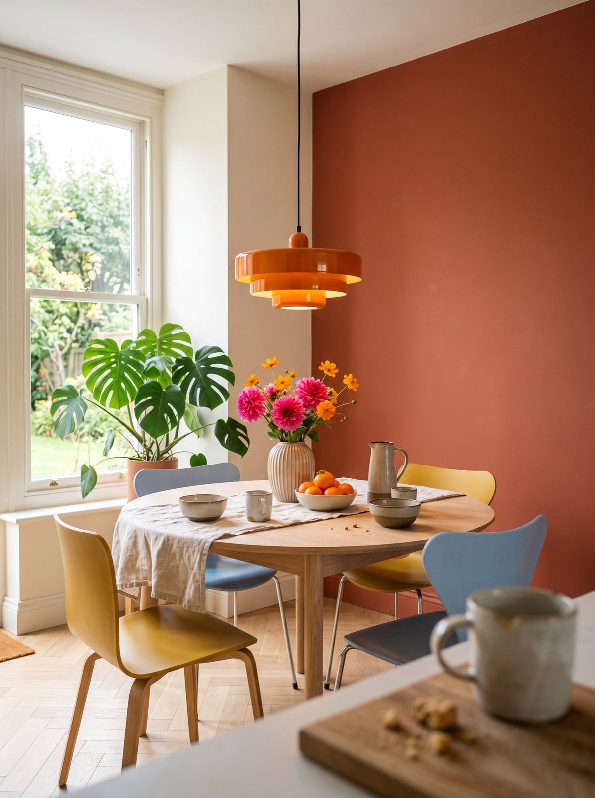 Suspension à étages orange au-dessus d'une table de salle à manger