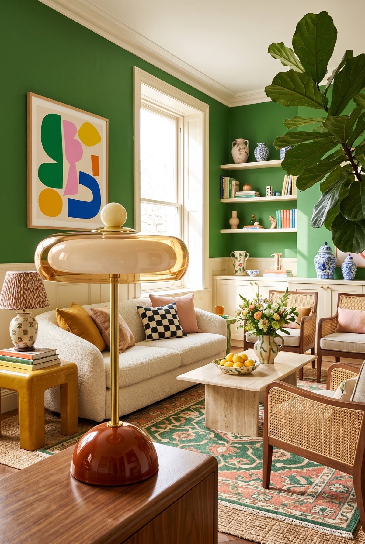 Lampe à poser dans un salon aux murs vert sapin, fauteuil crème et tapis à motifs