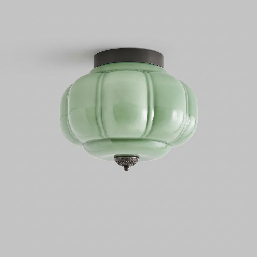 Hortensia, plafonnier en verre godronné vert, platine noire