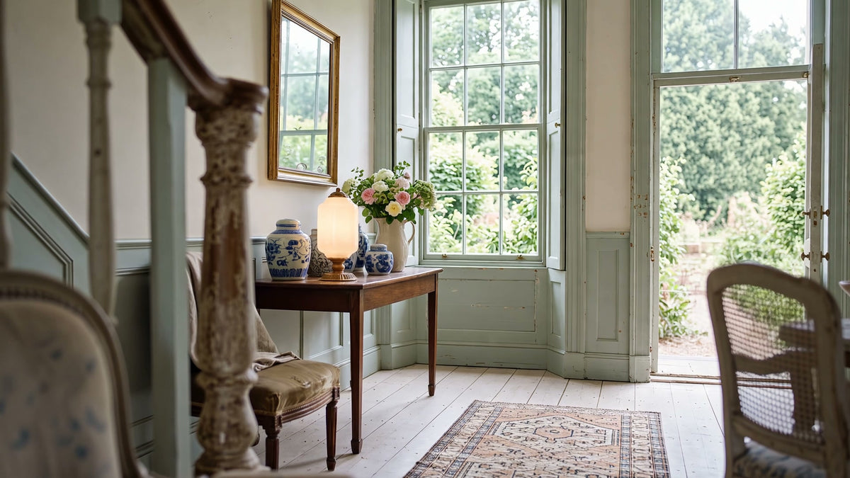 Intérieur grandmillennial, verre opalin et vitrail