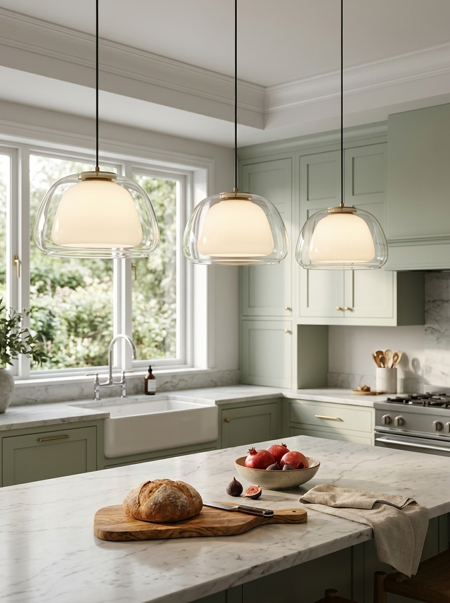 Suspensions cloche en verre ambré au-dessus d'un îlot de cuisine