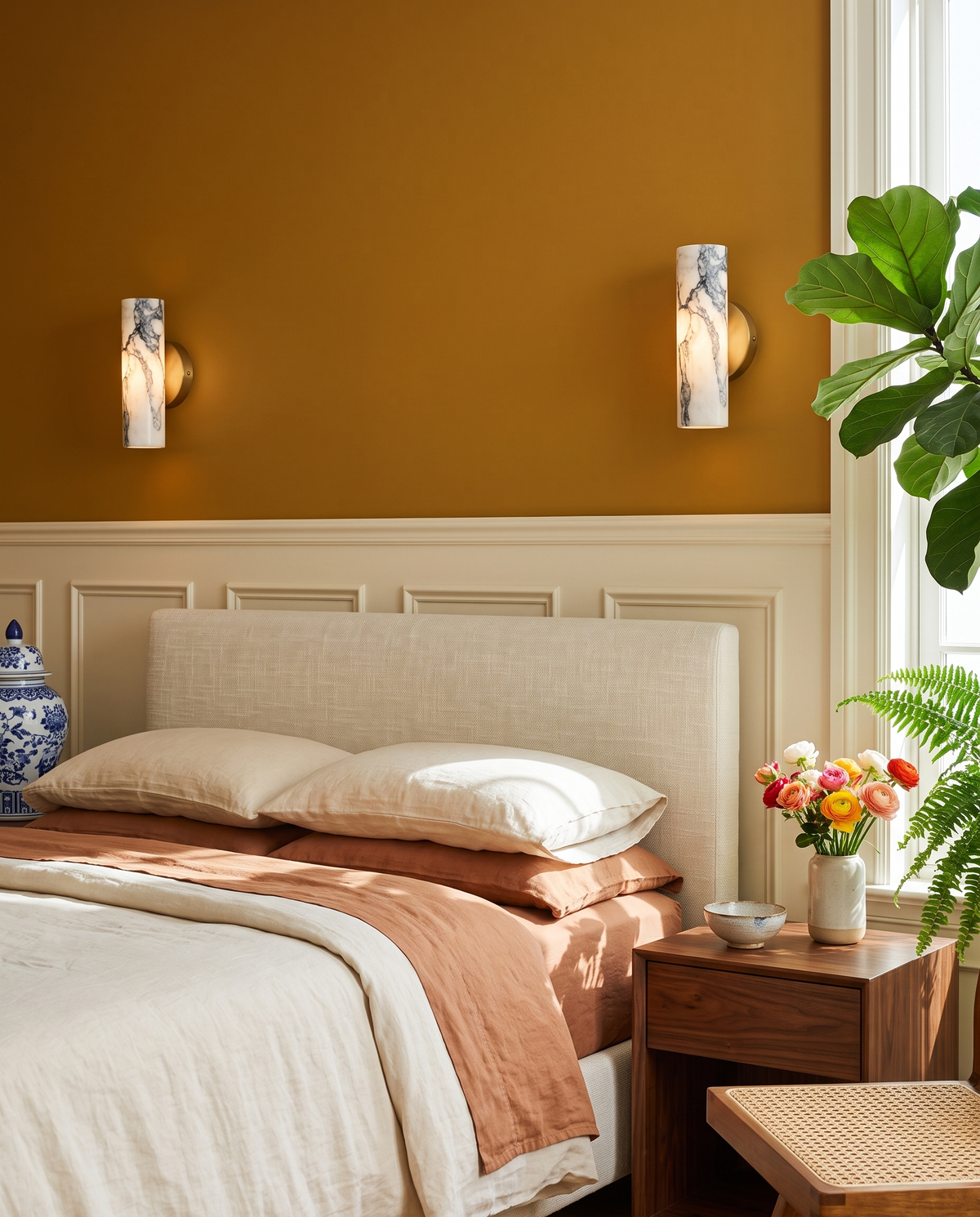 Astrance, appliques en marbre, posées par paire de part et d’autre d’un lit
