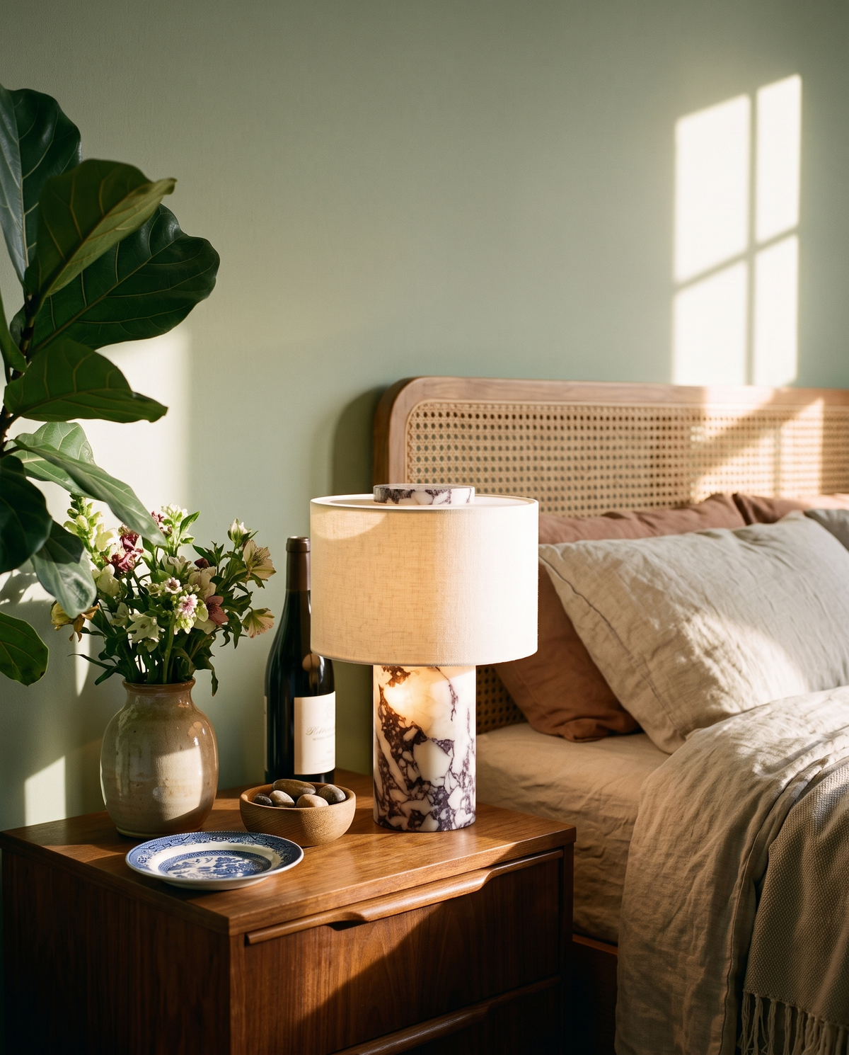 Gypsophile, lampe à poser en marbre, sur une table de chevet