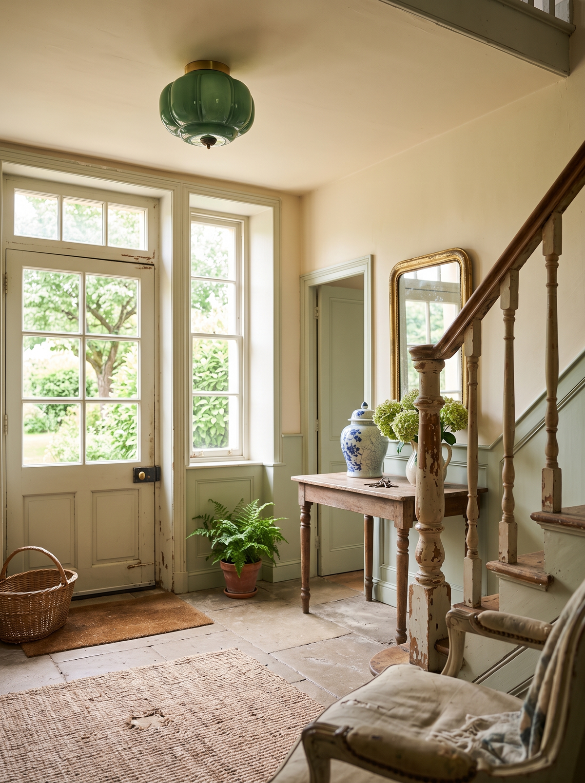 Hortensia, plafonnier en verre godronné vert, au plafond d’une entrée de maison ancienne
