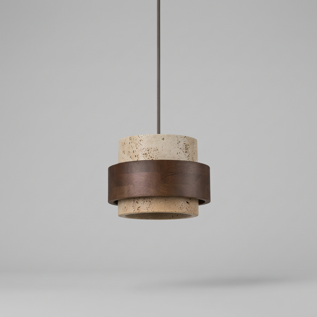 Roseau, suspension en pierre et noyer, packshot sur fond gris clair