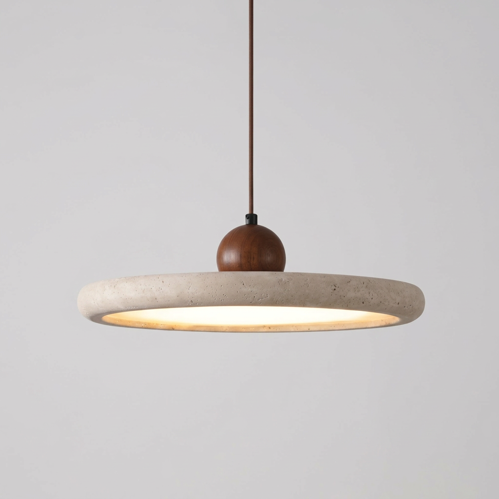 Mimosa, suspension disque en travertin et bois, packshot sur fond gris clair