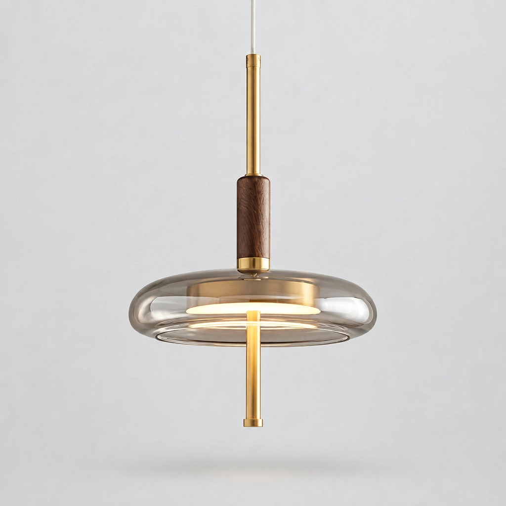 Muscari, suspension en verre et noyer, packshot sur fond gris clair