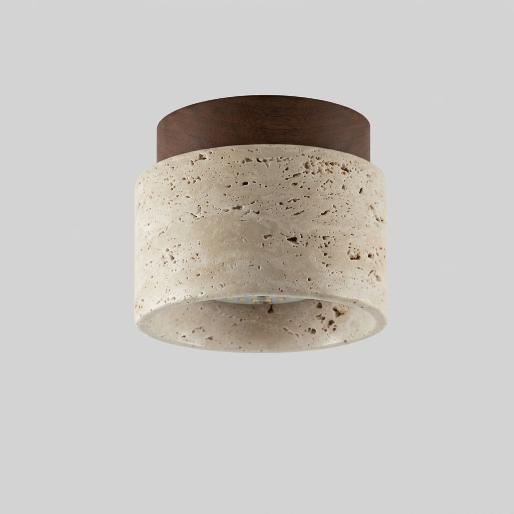 Origan, plafonnier cylindre en travertin, packshot sur fond gris clair
