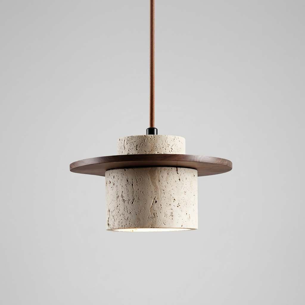 Chardon, suspension en travertin et bois, packshot sur fond gris clair