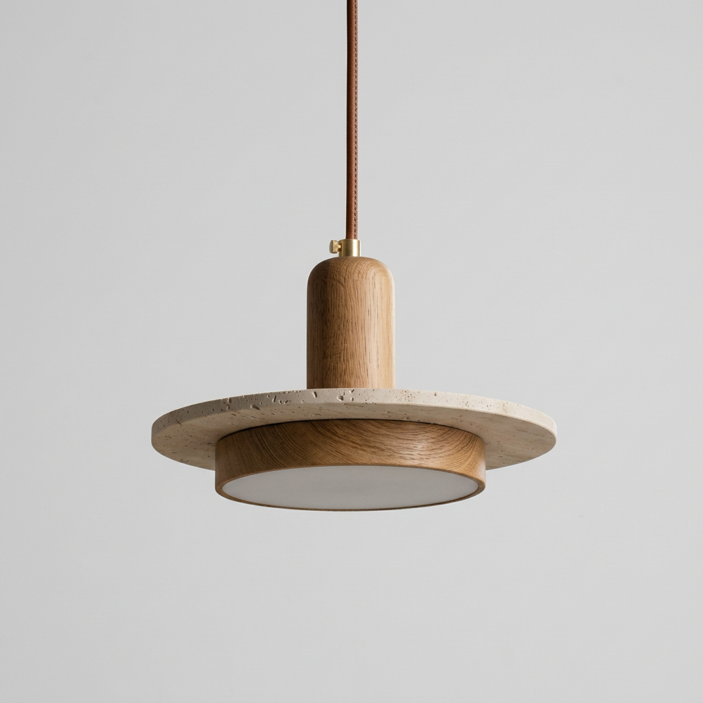 Coriandre, suspension travertin et bois, packshot sur fond gris clair