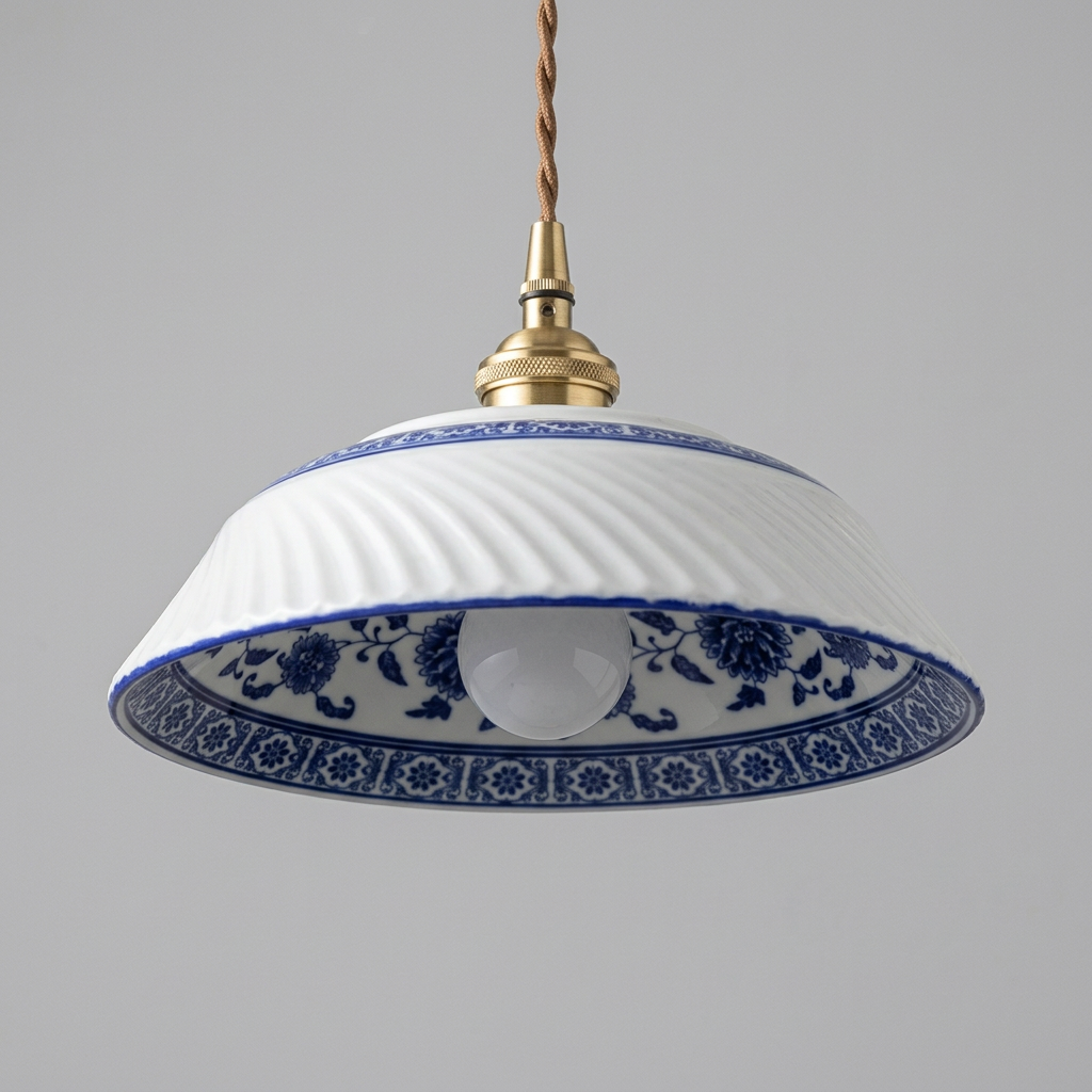 Aubépine, suspension en céramique à décor bleu, packshot sur fond gris clair