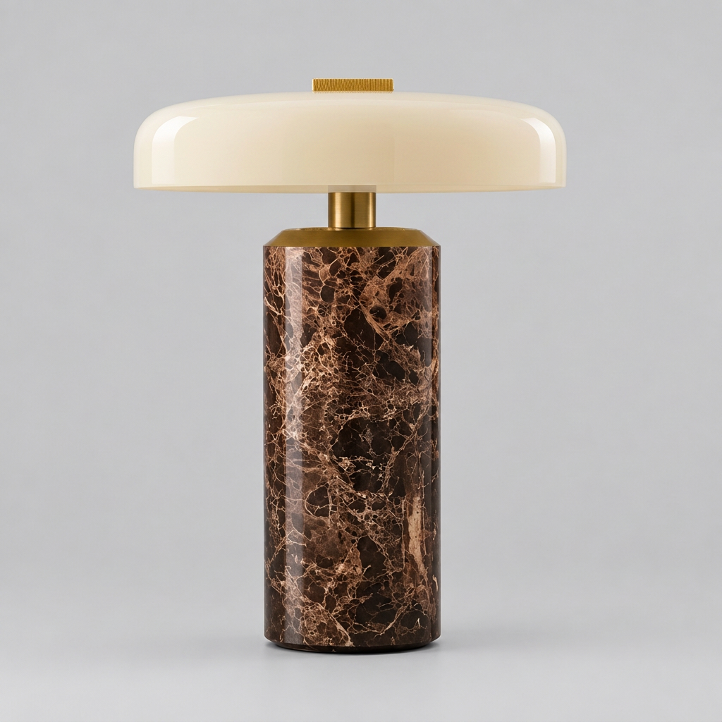 Statice, lampe à poser en marbre, packshot sur fond gris clair