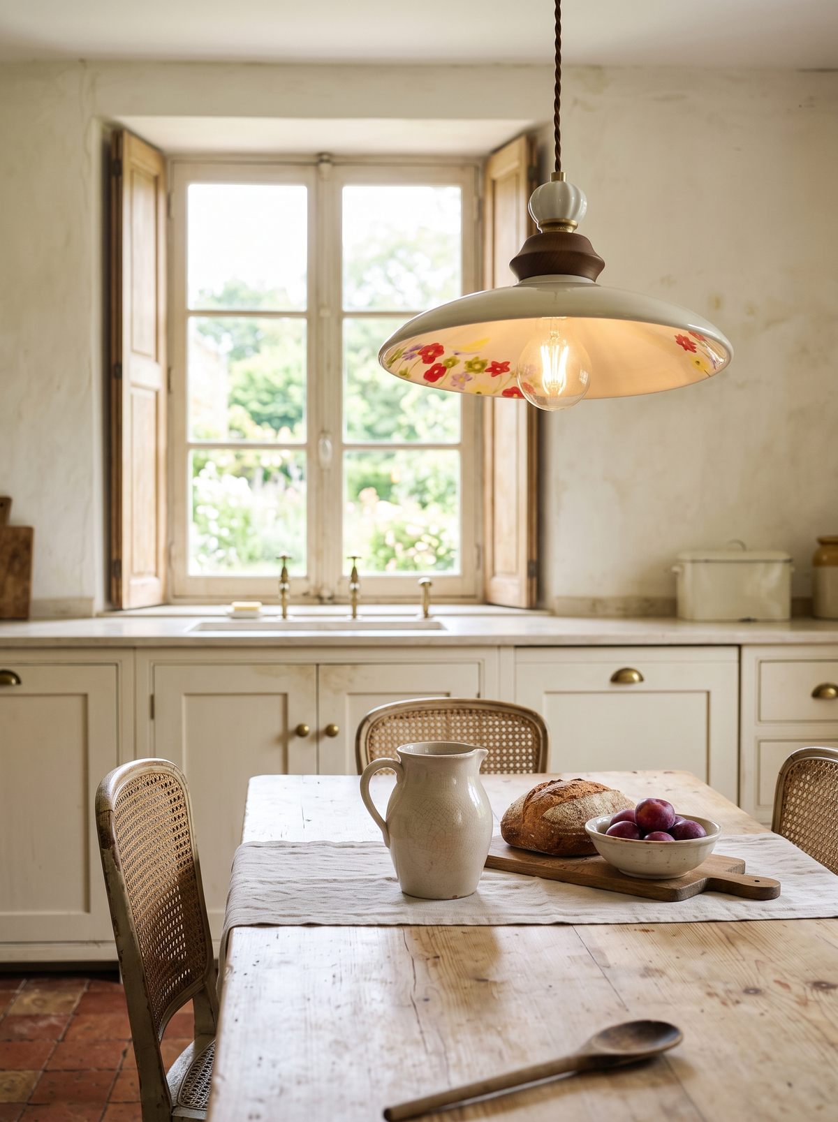 Iris, suspension en céramique émaillée, au-dessus d’une table dans une cuisine de ferme