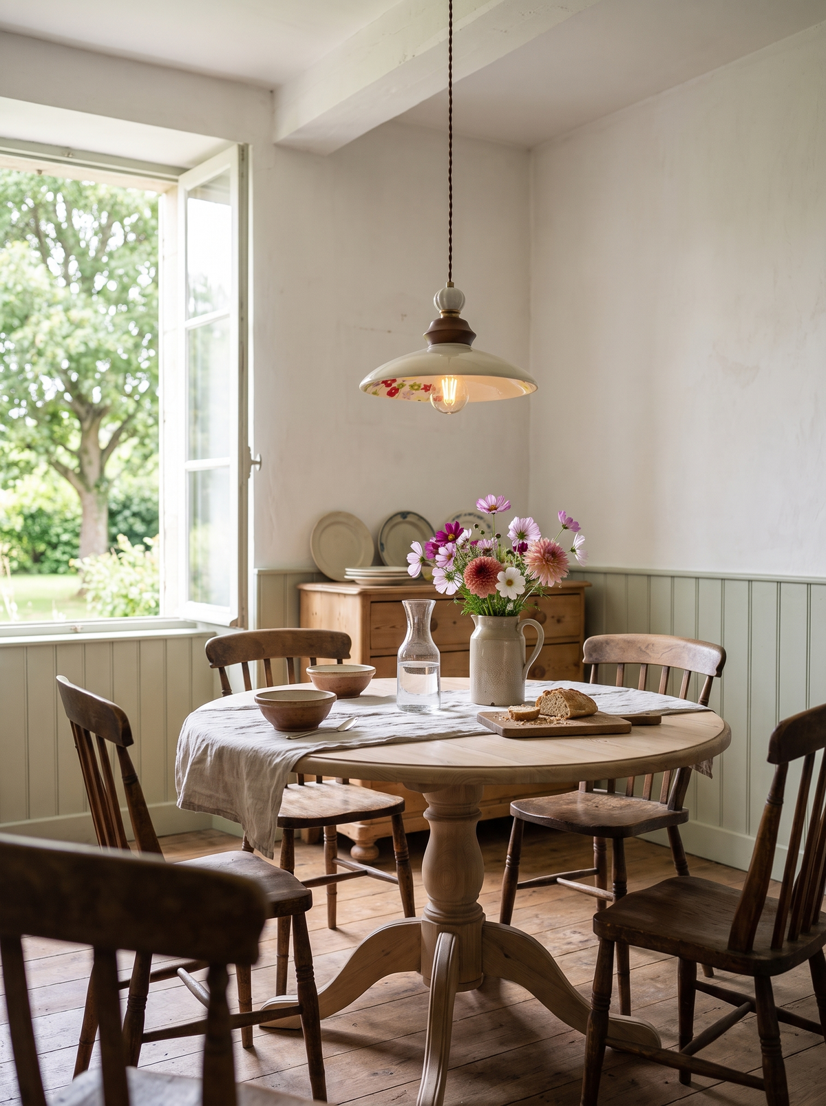 Iris, suspension en céramique émaillée, au-dessus d’une table ronde dans une salle à manger