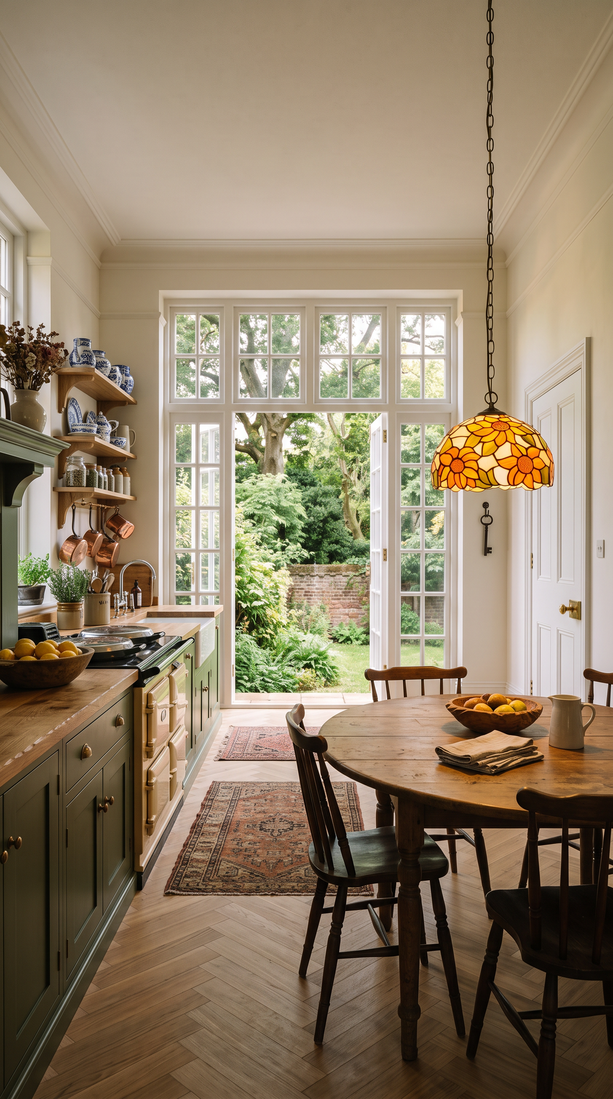 Lavande, suspension en vitrail, au-dessus d’une table de cuisine