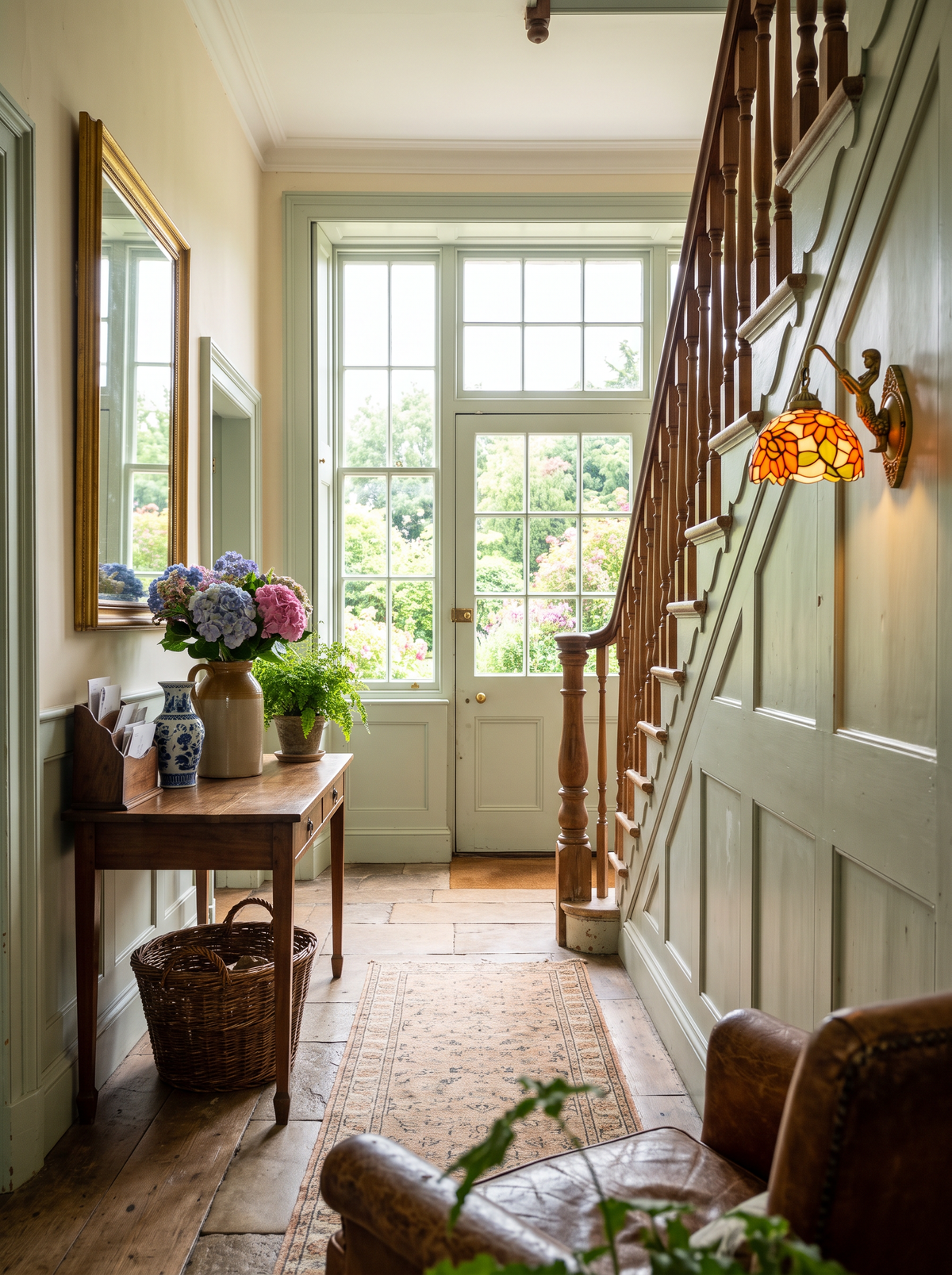 Saponaire, applique en vitrail, sur les boiseries d’une entrée près de l’escalier