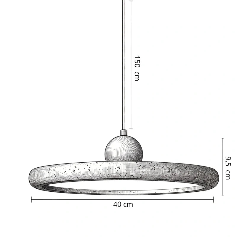 Schéma coté de Mimosa — Suspension disque en travertin et bois