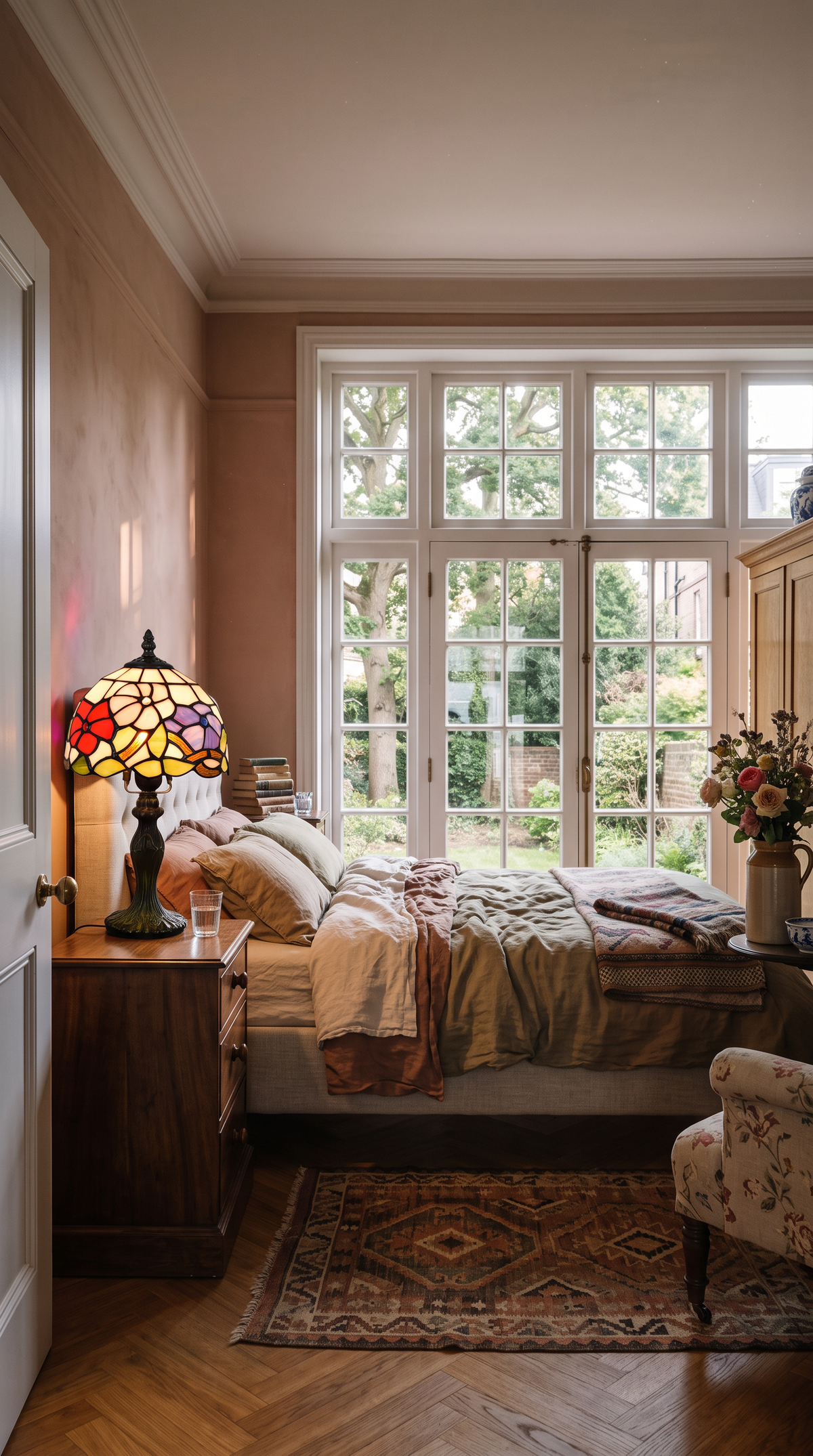 Véronique, lampe à poser en vitrail, sur une table de chevet